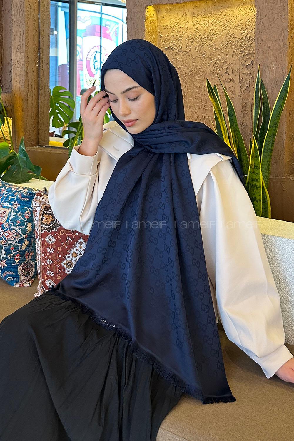 Lamelif G Desen Kaşmir Çift Taraflı Şal Lacivert