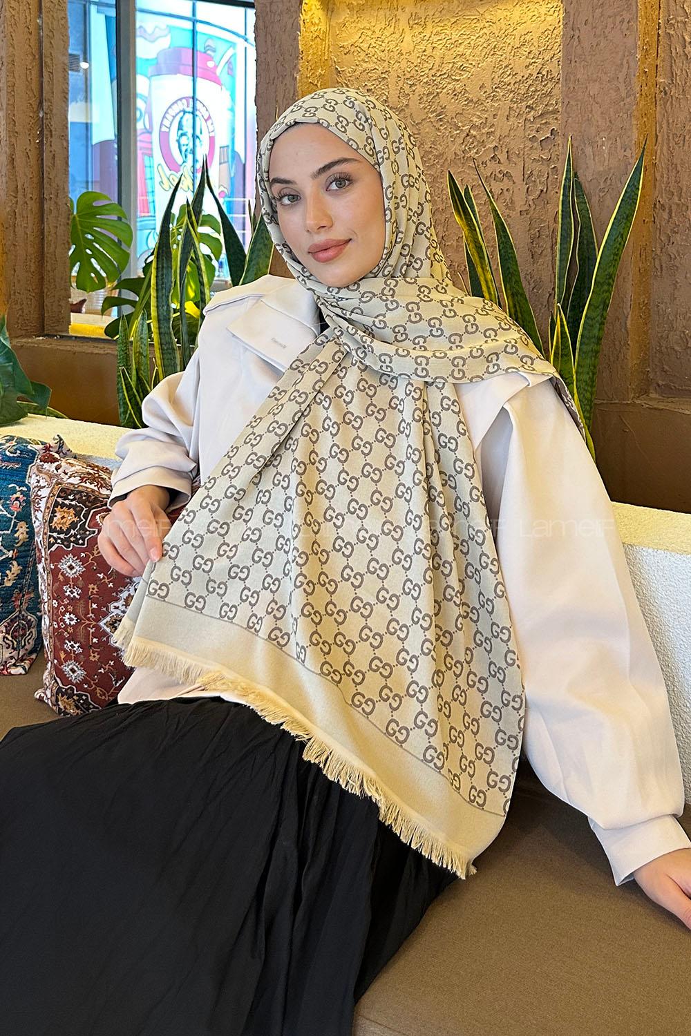 Lamelif G Desen Kaşmir Çift Taraflı Şal Soft Kahve Bej