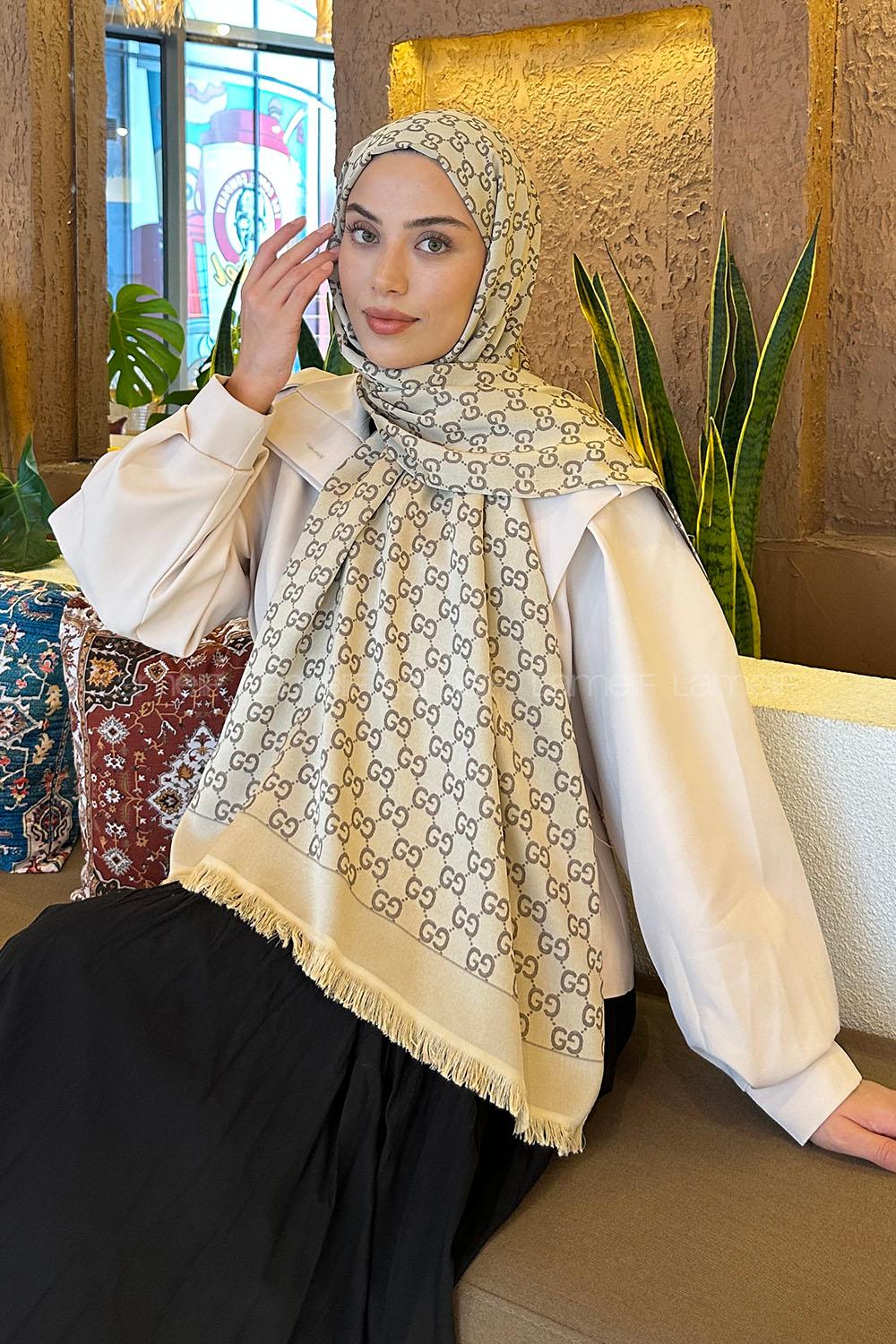 Lamelif G Desen Kaşmir Çift Taraflı Şal Soft Kahve Bej