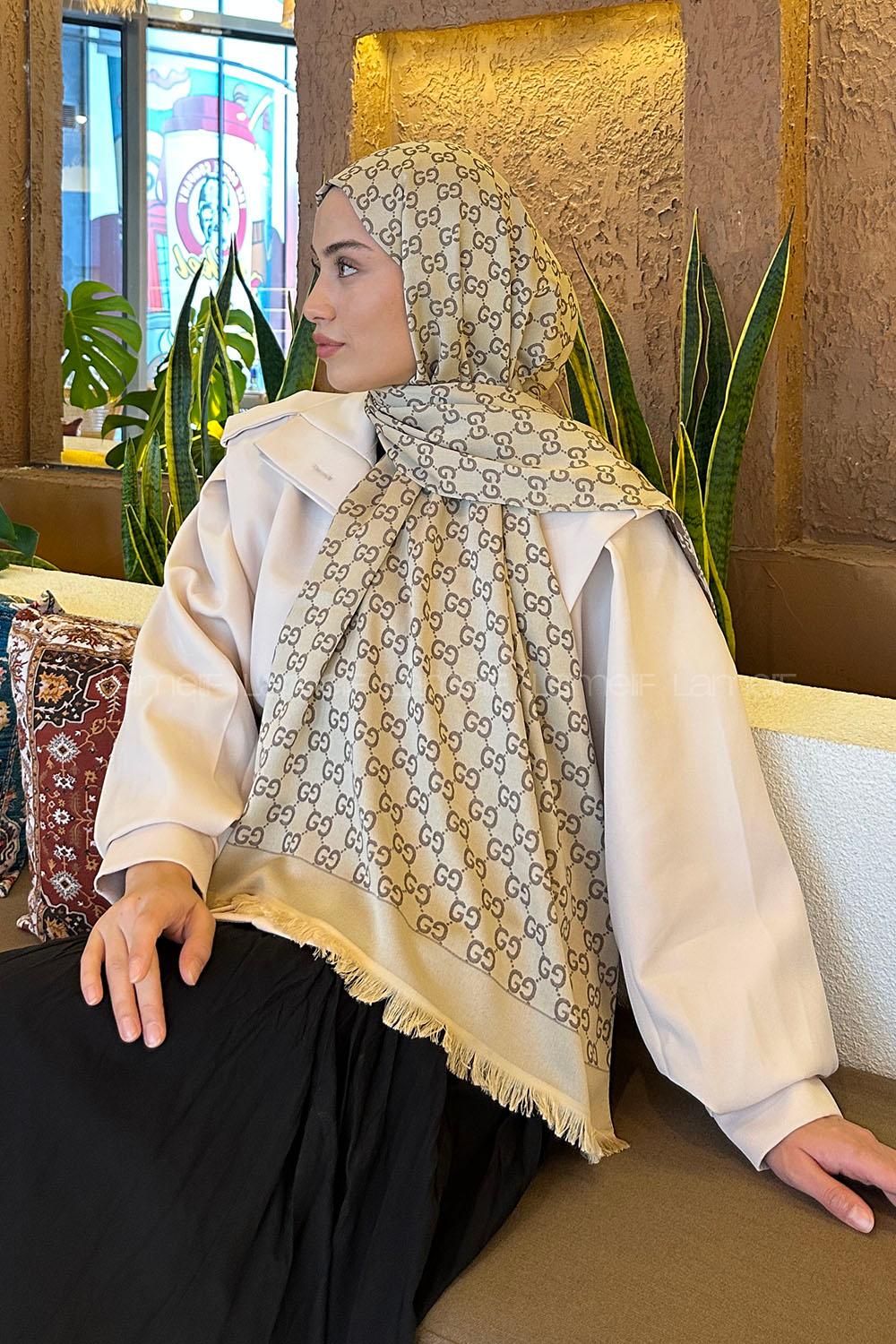 Lamelif G Desen Kaşmir Çift Taraflı Şal Soft Kahve Bej