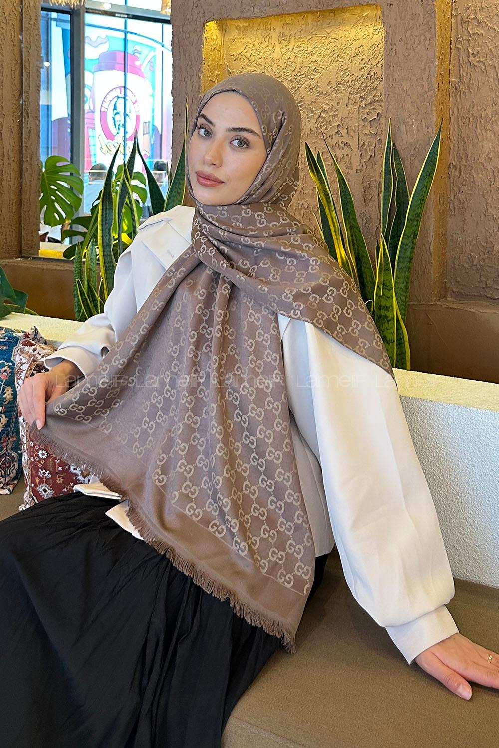 Lamelif G Desen Kaşmir Çift Taraflı Şal Tozlu Kahve