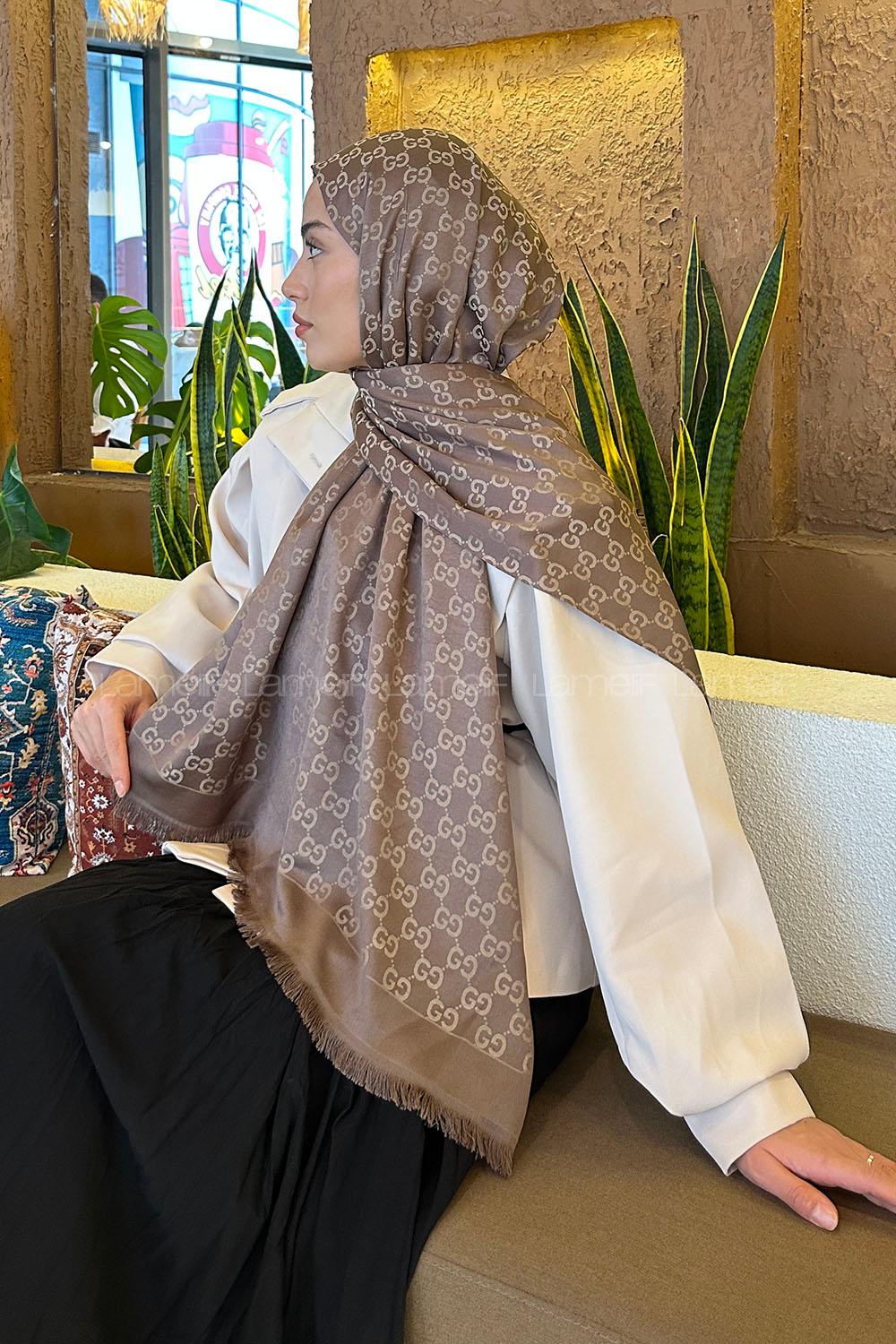 Lamelif G Desen Kaşmir Çift Taraflı Şal Tozlu Kahve