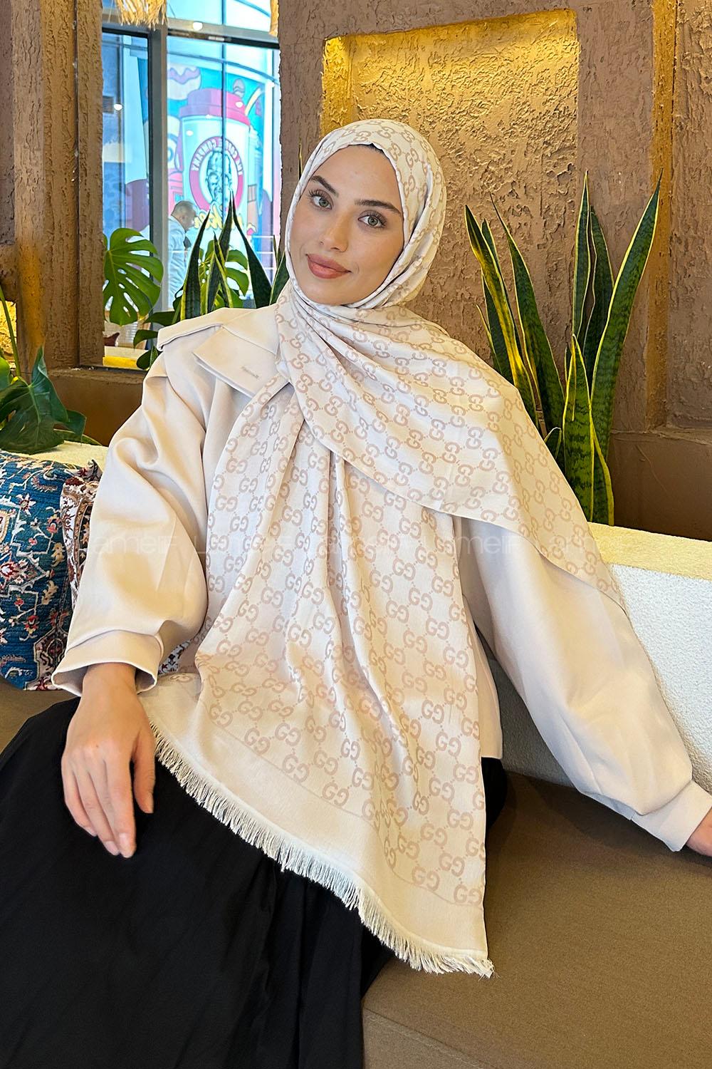 Lamelif G Desen Kaşmir Çift Taraflı Şal Vizon