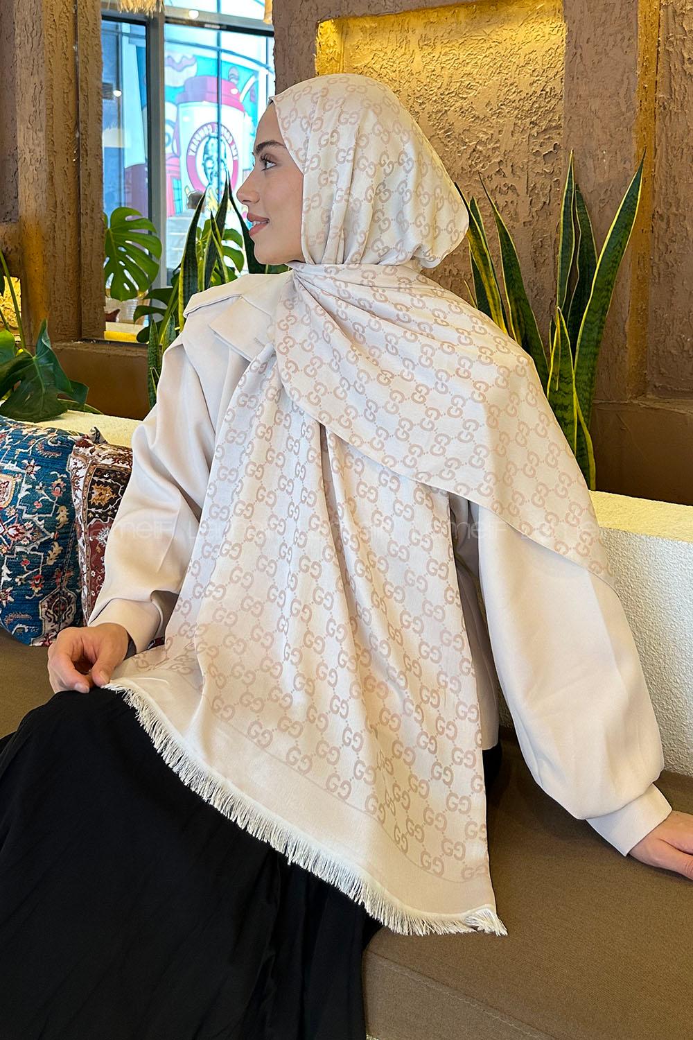 Lamelif G Desen Kaşmir Çift Taraflı Şal Vizon