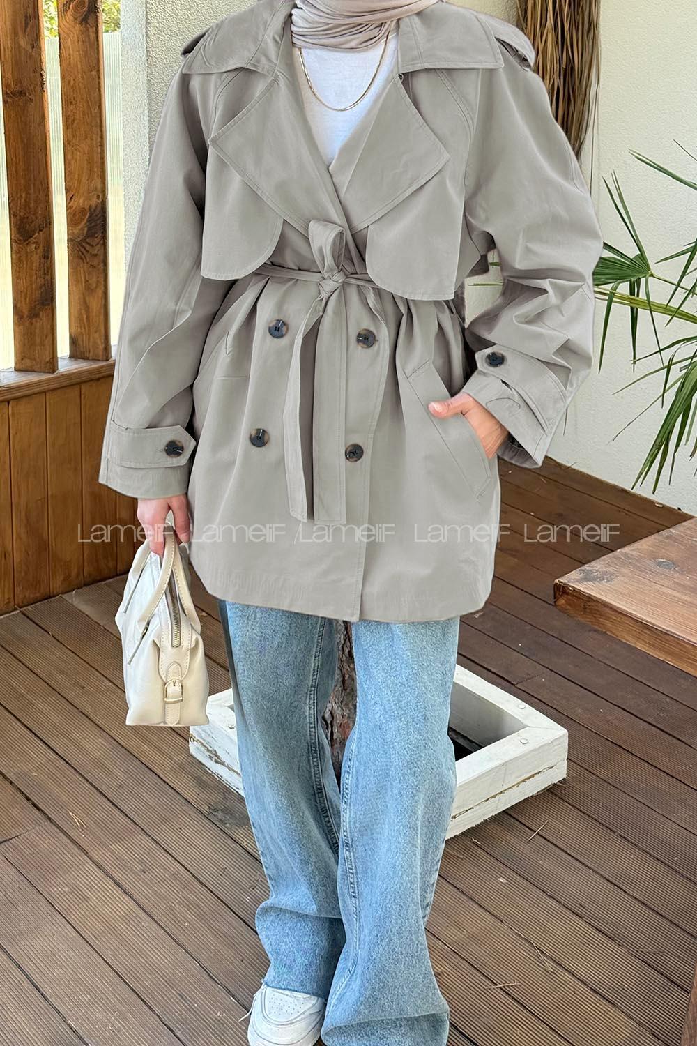 Khaki Long Arm Buttoned Cotton Fabric Trench Coat