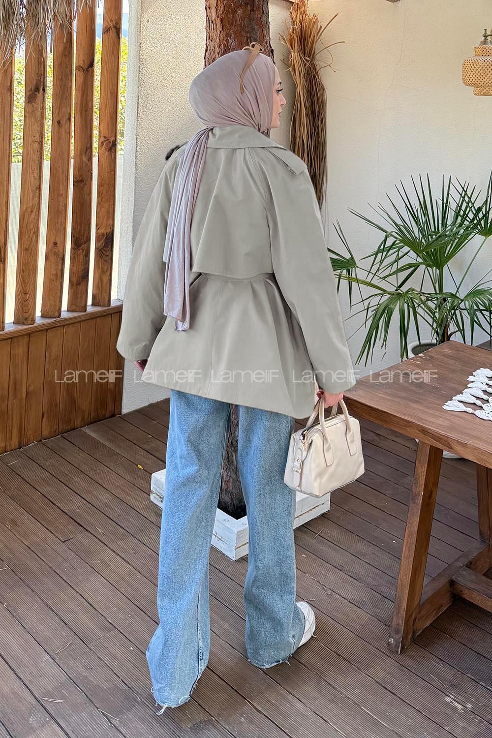 Khaki Long Arm Buttoned Cotton Fabric Trench Coat