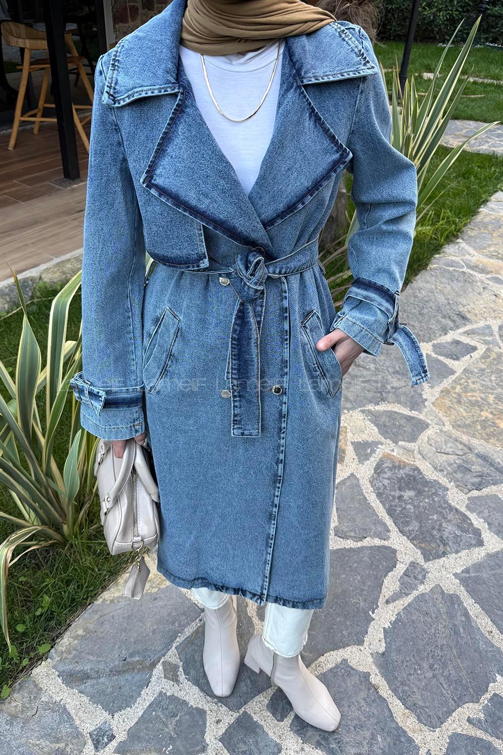 Blue Long Arm Knitwear Trench Coat