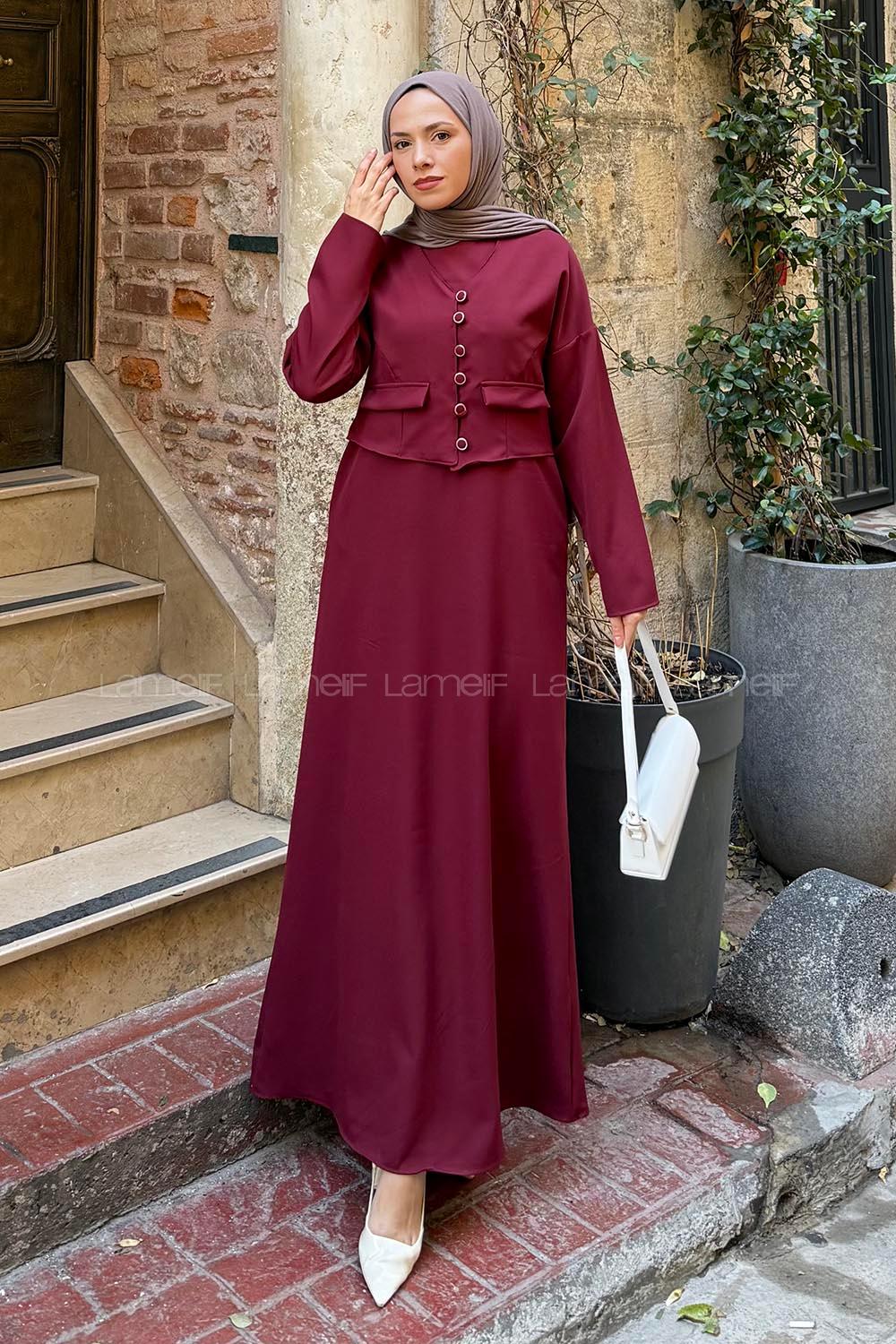 Lamelif Düğme Detaylı Jileli Takım Bordo