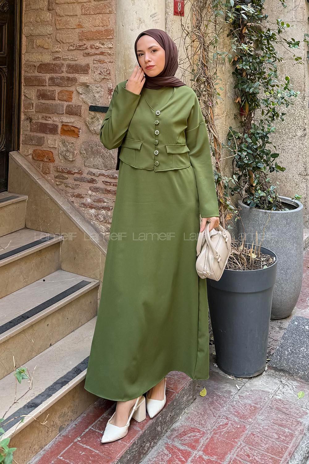 Lamelif Düğme Detaylı Jileli Takım Kına Yeşili