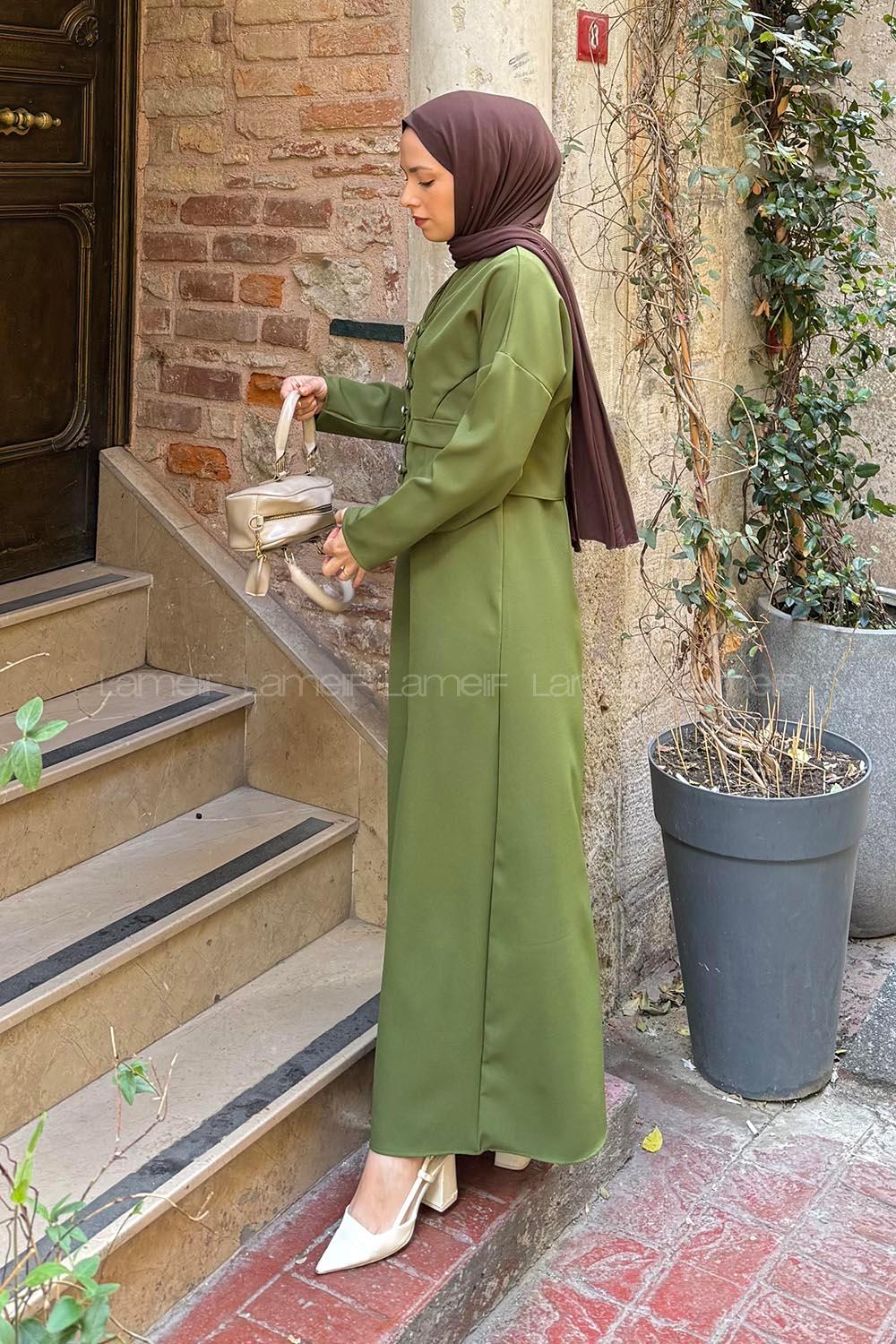 Lamelif Düğme Detaylı Jileli Takım Kına Yeşili