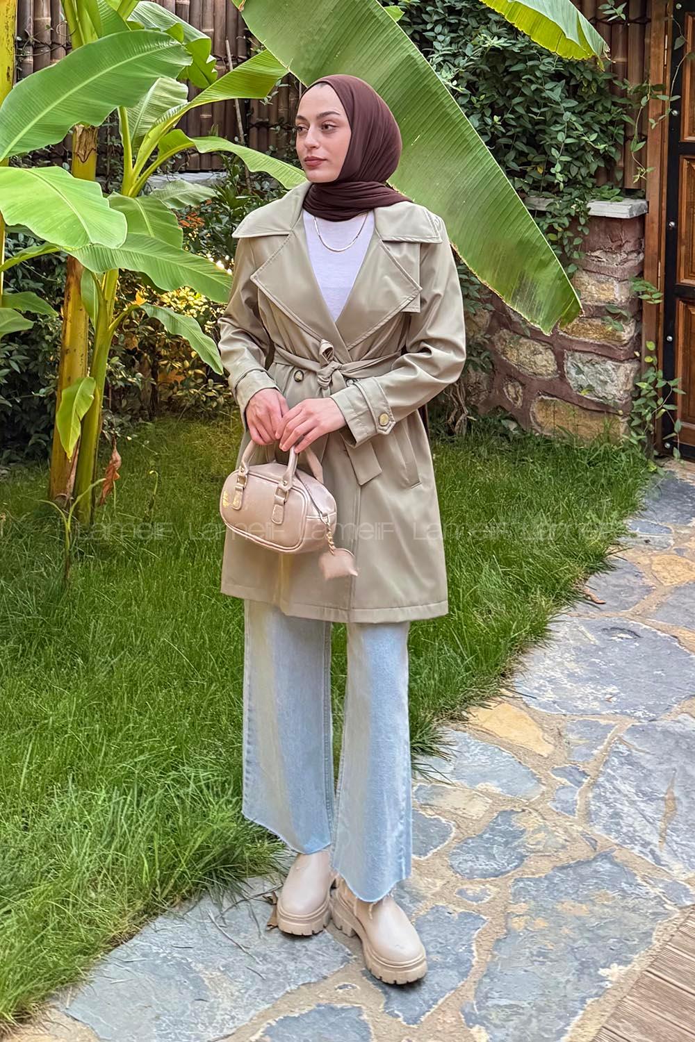 Lamelif Kol Kemerli Kısa Trençkot Haki