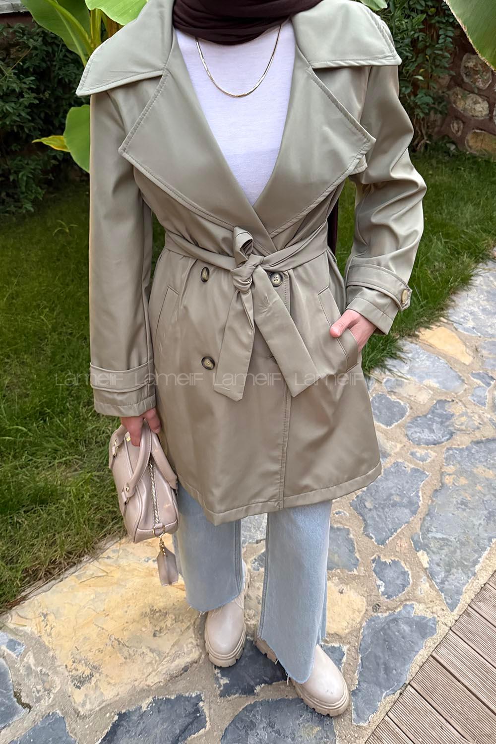 Lamelif Kol Kemerli Kısa Trençkot Haki