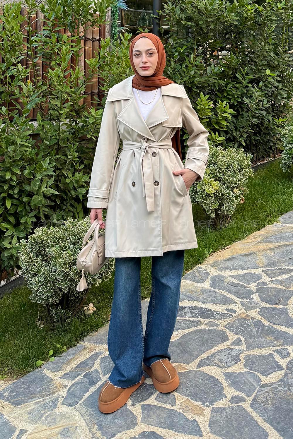 Lamelif Kol Kemerli Kısa Trençkot Taş Rengi