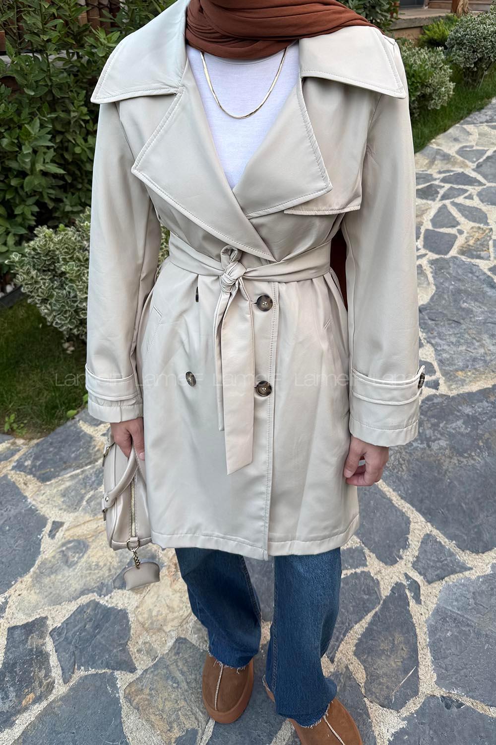 Lamelif Kol Kemerli Kısa Trençkot Taş Rengi