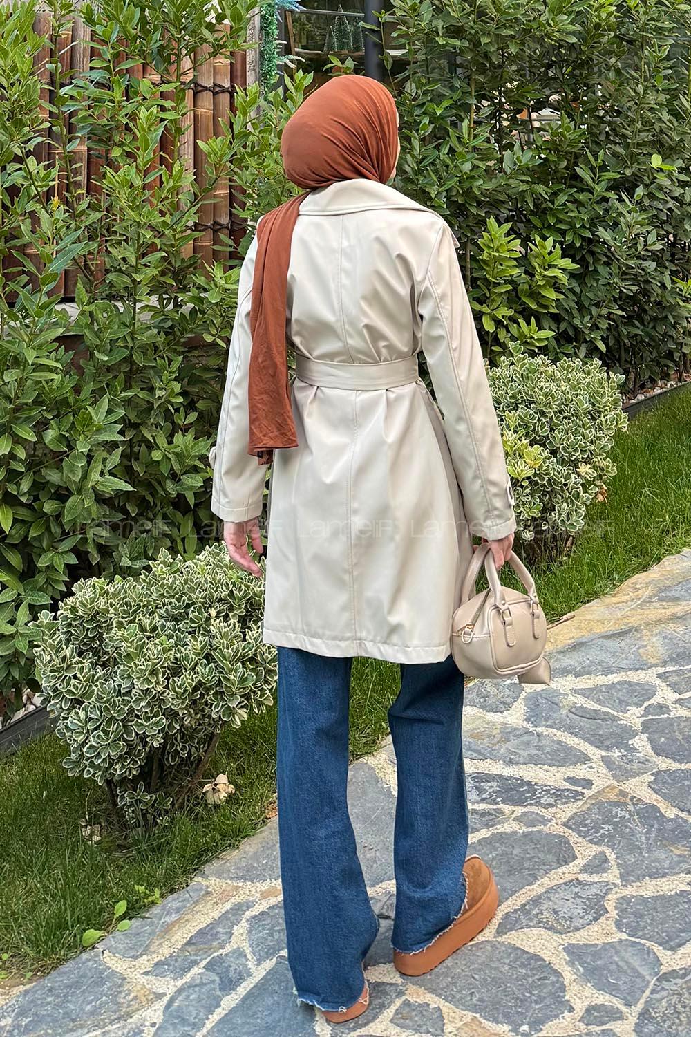 Lamelif Kol Kemerli Kısa Trençkot Taş Rengi