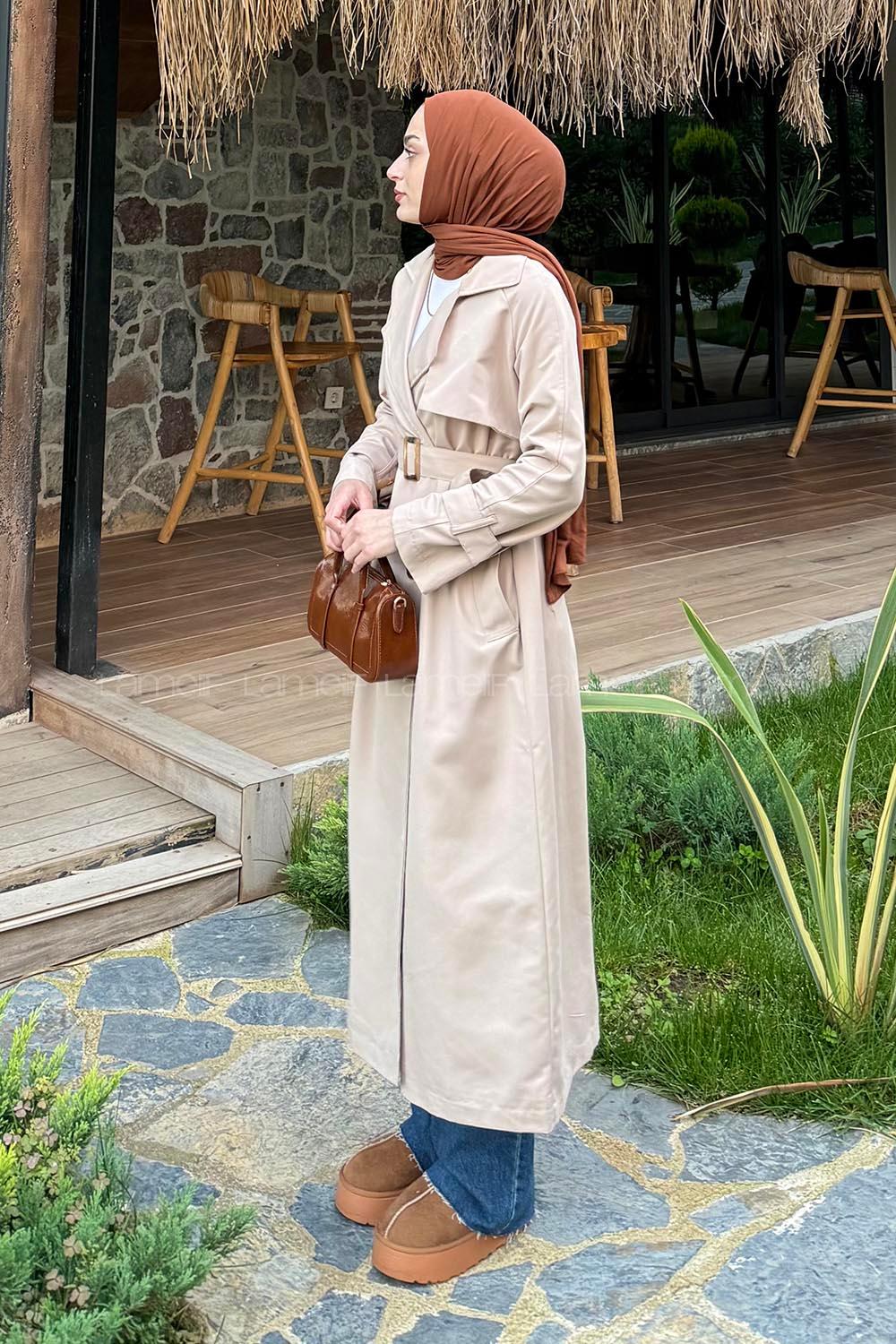 Lamelif Kol Kemerli Trençkot Bej
