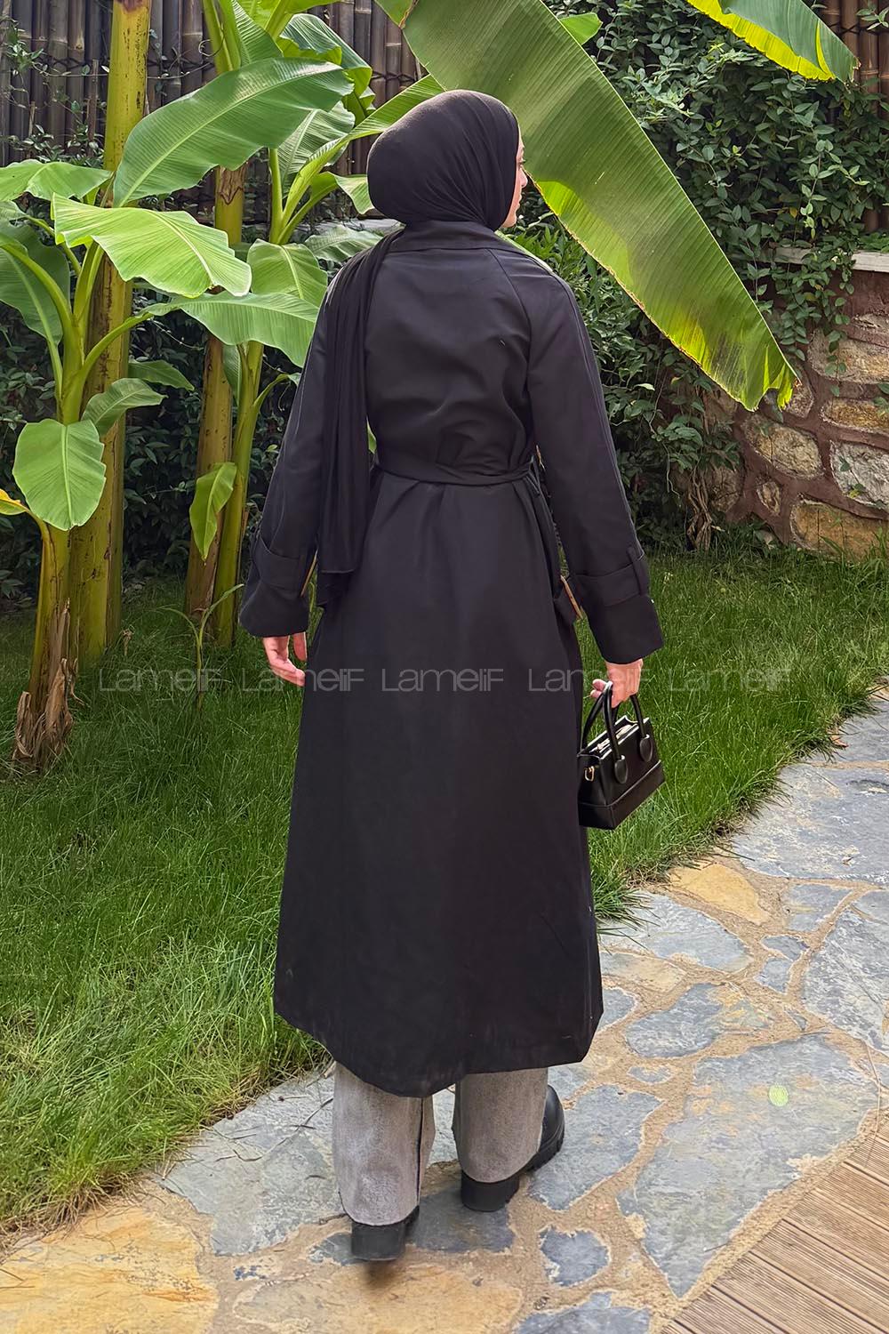 Lamelif Kol Kemerli Trençkot Siyah