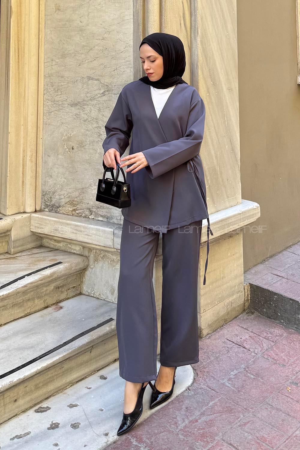 Lamelif Yan Bağlama Detaylı Pantolonlu Takım Antrasit