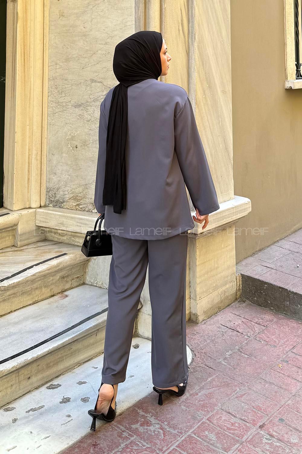 Lamelif Yan Bağlama Detaylı Pantolonlu Takım Antrasit