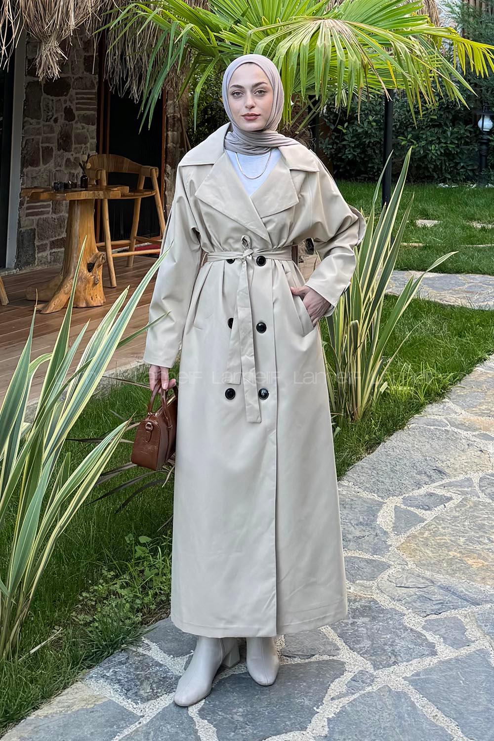 Beige Long Arm Belted Cotton Trench Coat