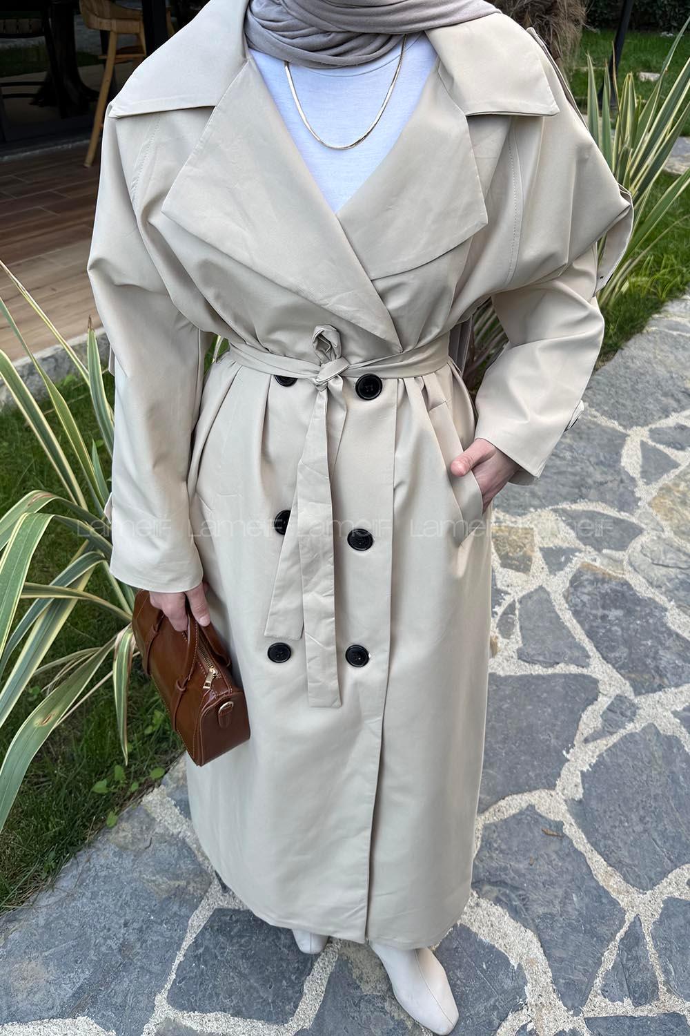 Beige Long Arm Belted Cotton Trench Coat