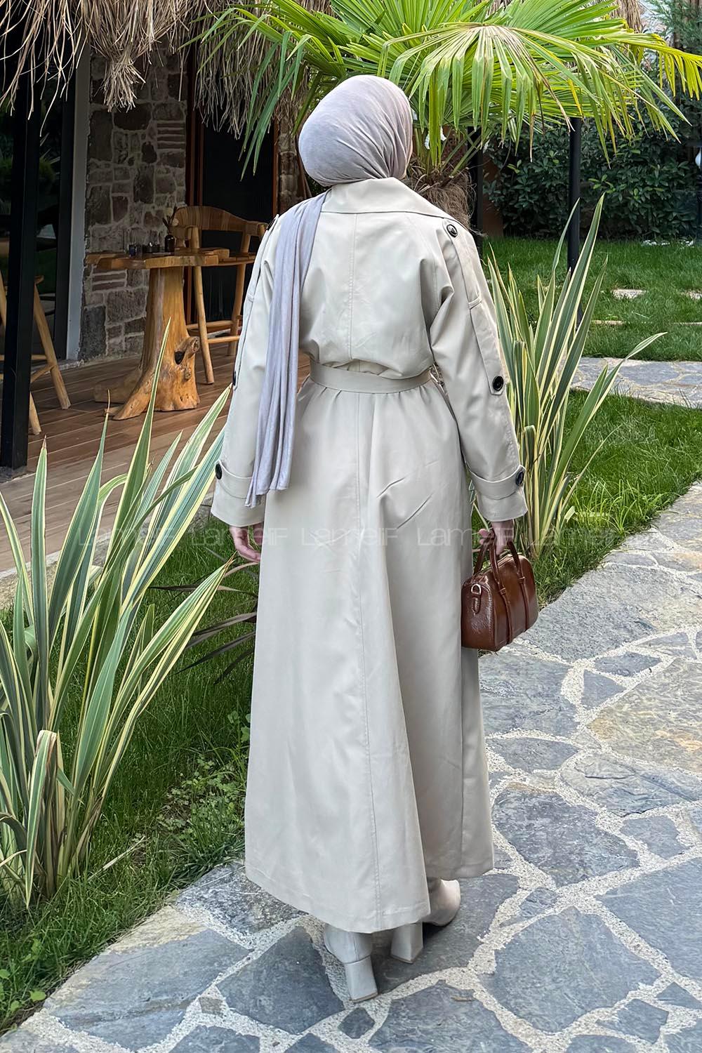 Beige Long Arm Belted Cotton Trench Coat