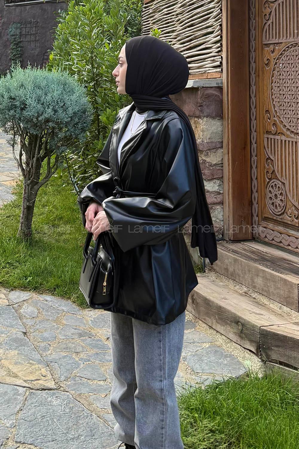 Lamelif Bağlama Detaylı Deri Mont Siyah