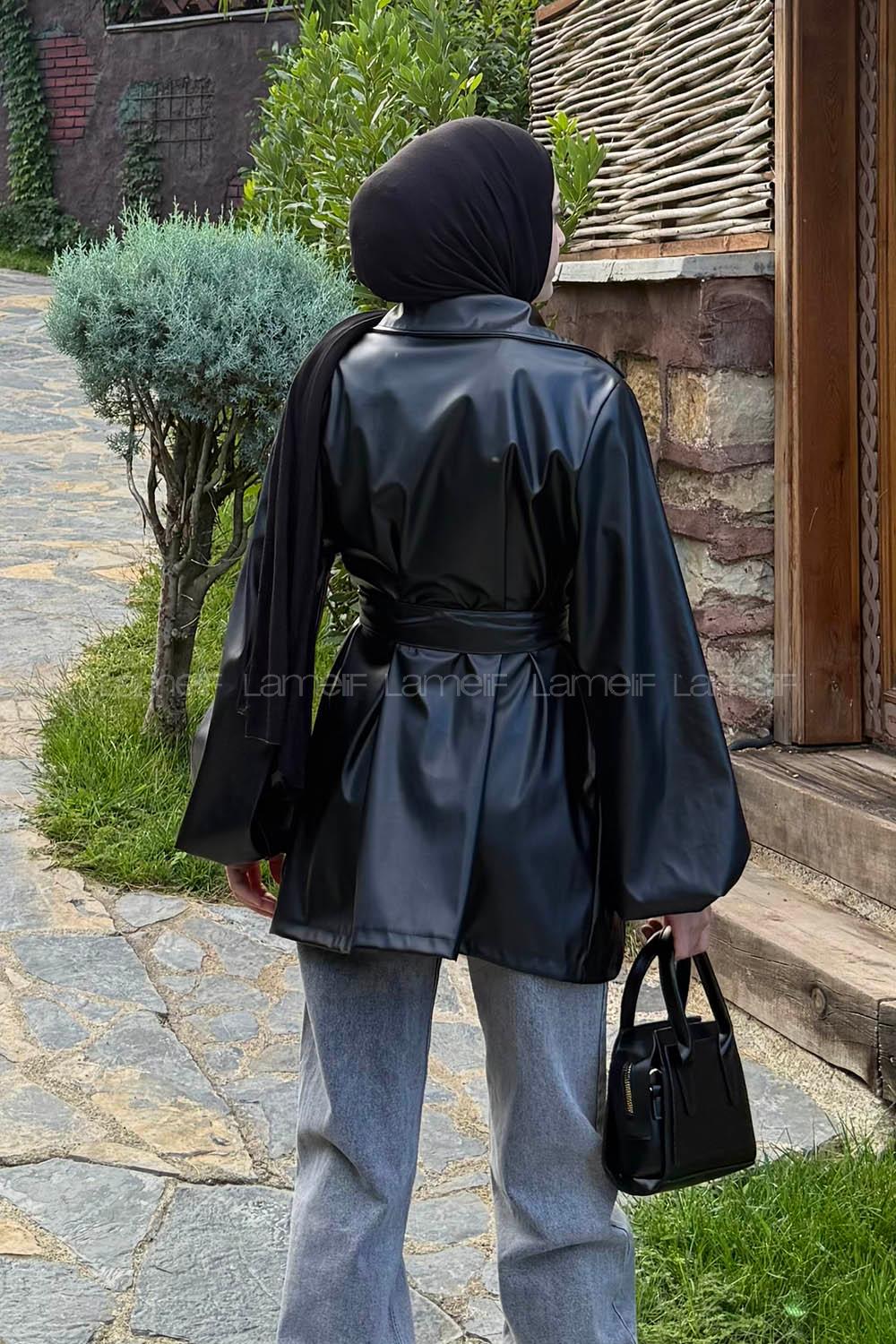 Lamelif Bağlama Detaylı Deri Mont Siyah