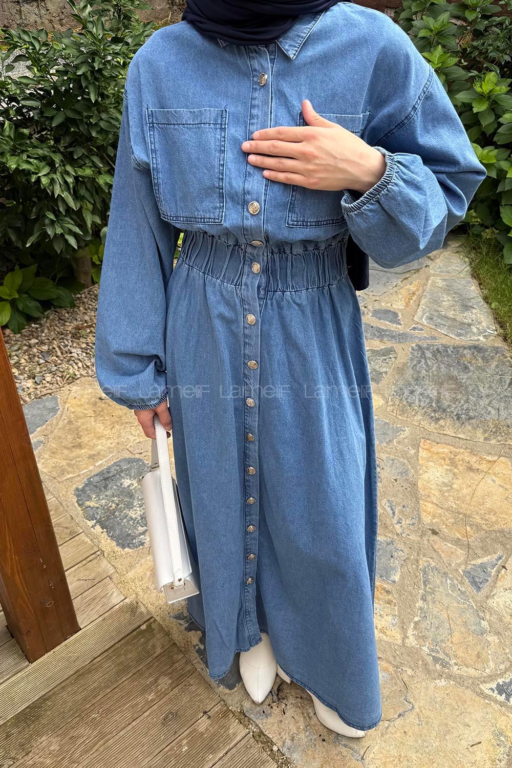 Lamelif Beli Lastikli Kot Elbise Kot Mavisi