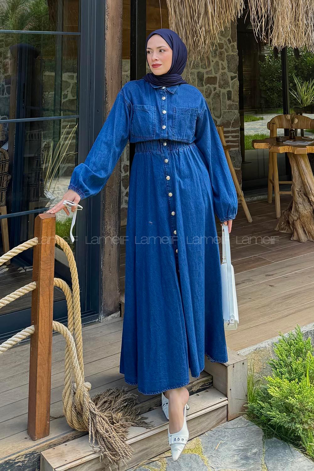 Lamelif Beli Lastikli Kot Elbise Koyu Mavi