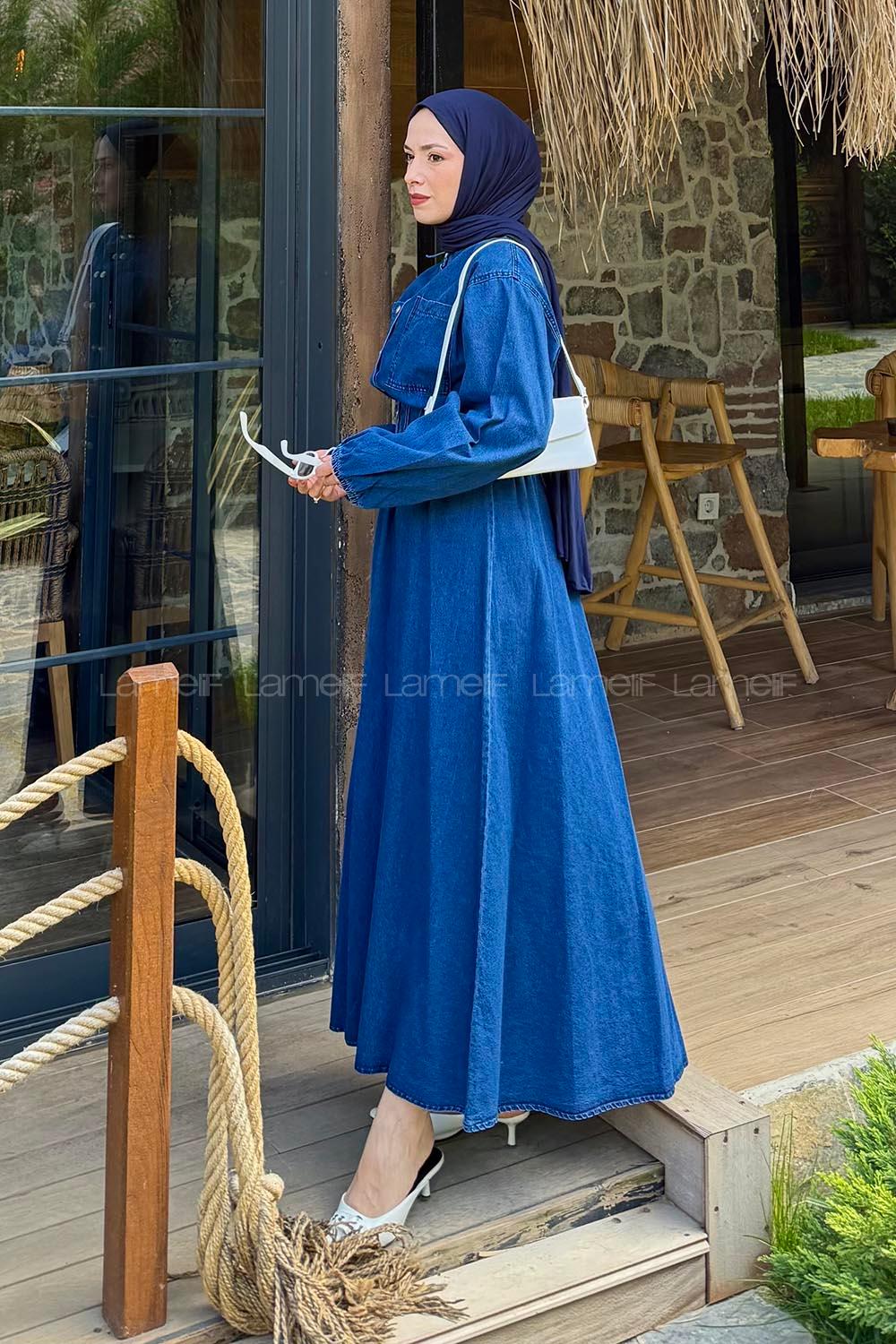 Lamelif Beli Lastikli Kot Elbise Koyu Mavi