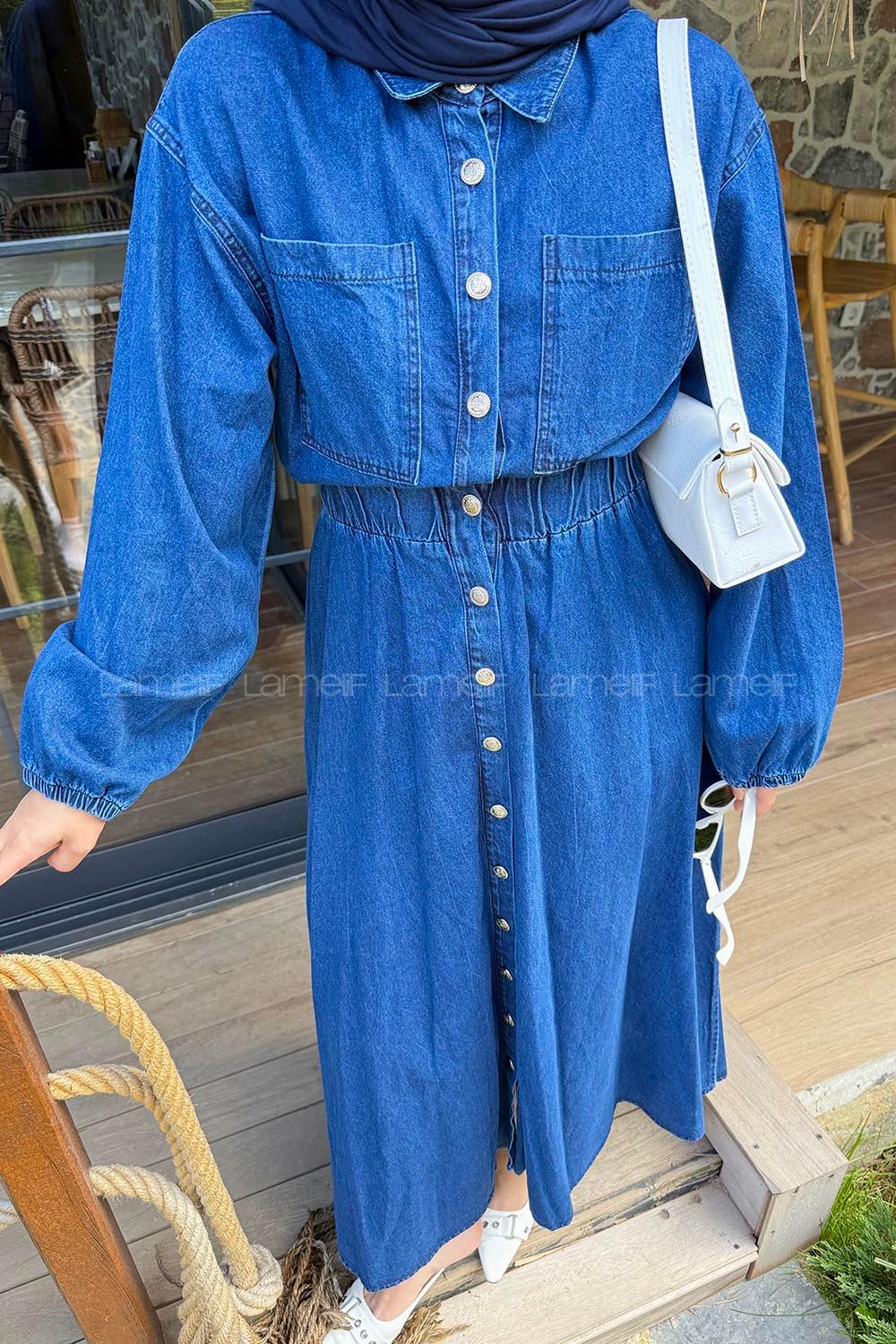 Lamelif Beli Lastikli Kot Elbise Koyu Mavi