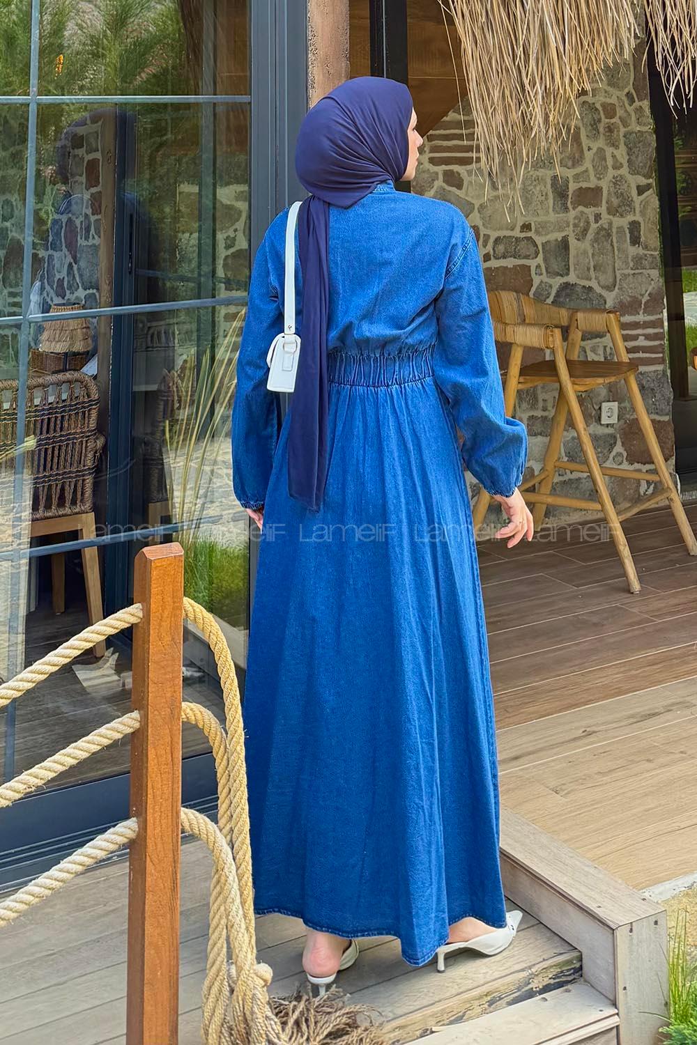 Lamelif Beli Lastikli Kot Elbise Koyu Mavi