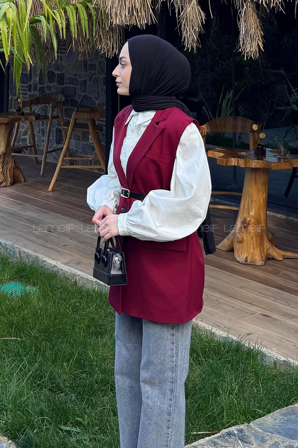 Lamelif Cep Detaylı Yelek Bordo