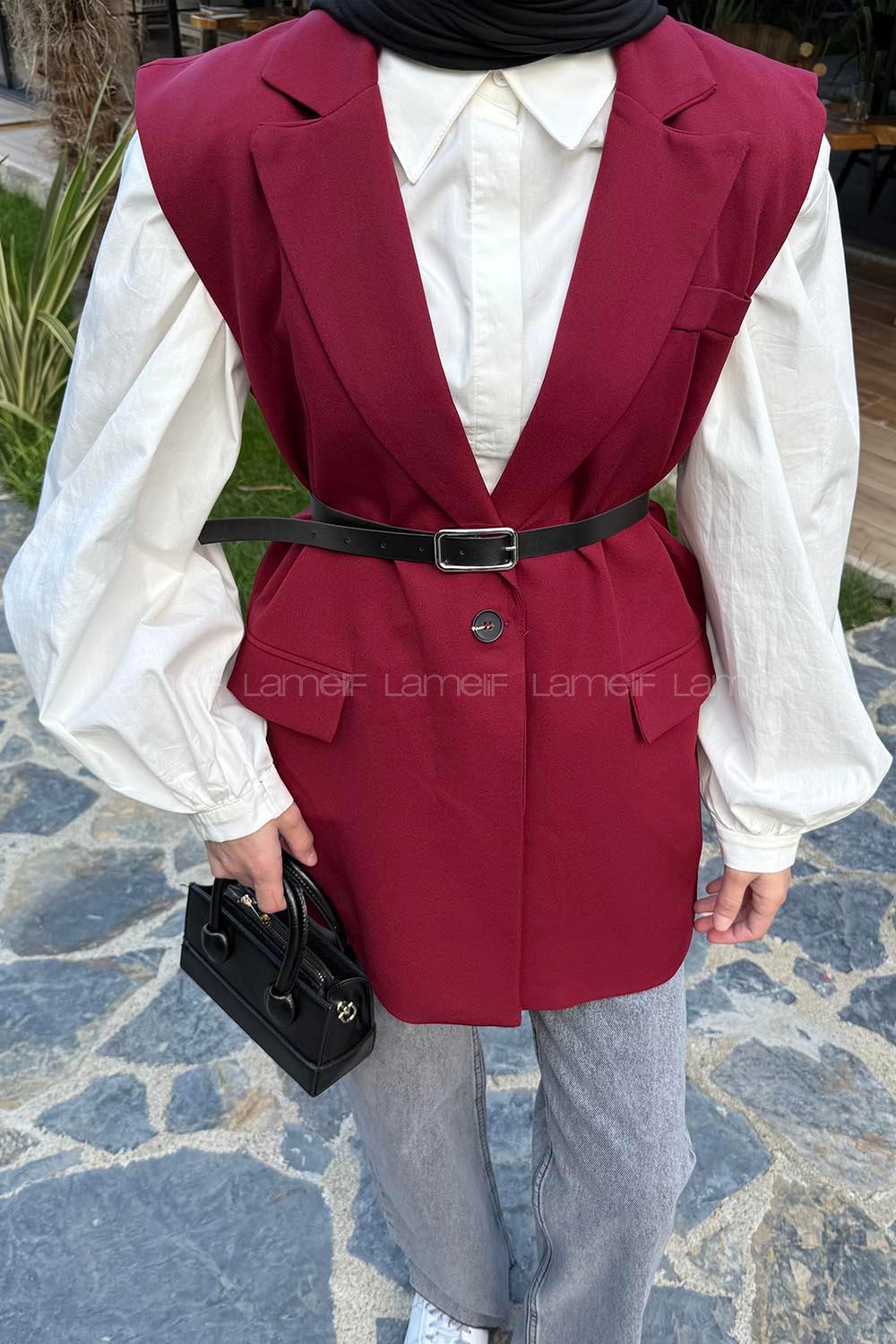 Lamelif Cep Detaylı Yelek Bordo