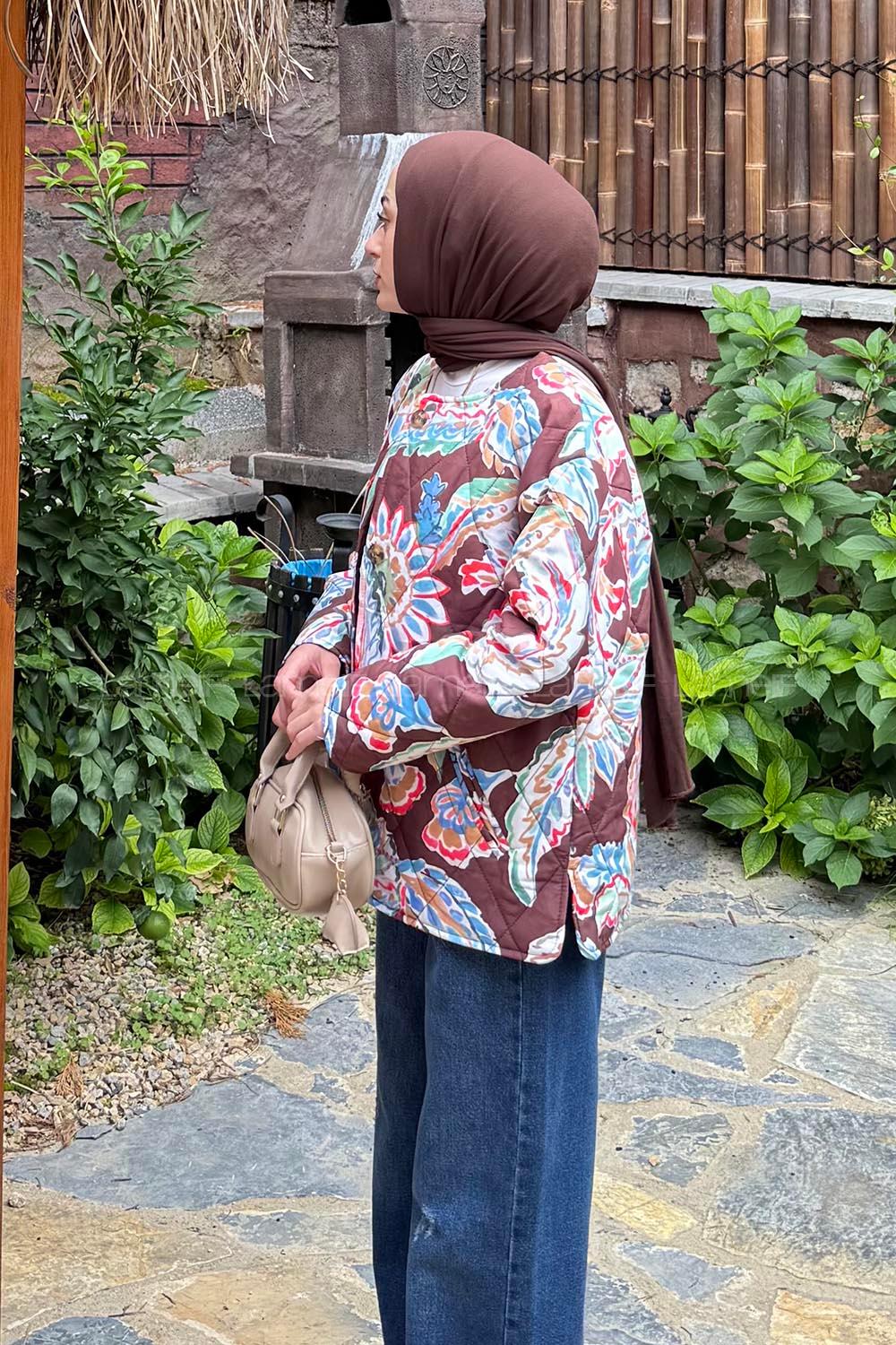 Lamelif Desenli Kapitone Mont Acı Kahve