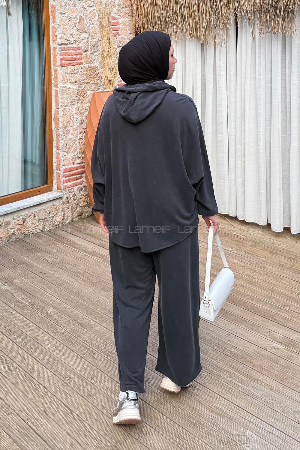 Lamelif Kapüşonlu Roba Detaylı Takım Antrasit