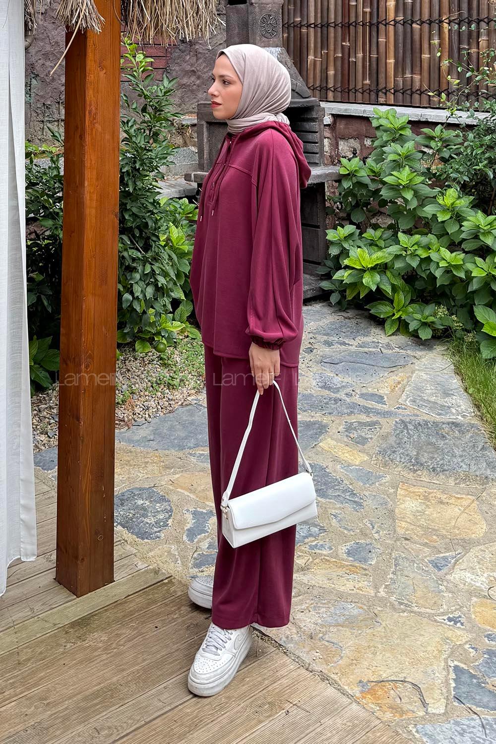 Lamelif Kapüşonlu Roba Detaylı Takım Bordo