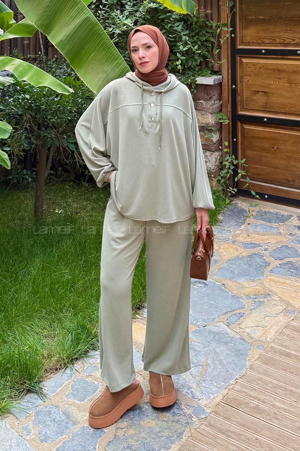 Lamelif Kapüşonlu Roba Detaylı Takım Çağla Yeşili
