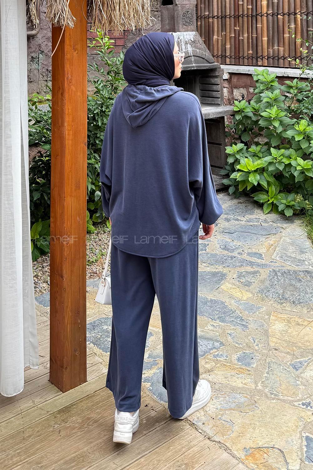Lamelif Kapüşonlu Roba Detaylı Takım Lacivert