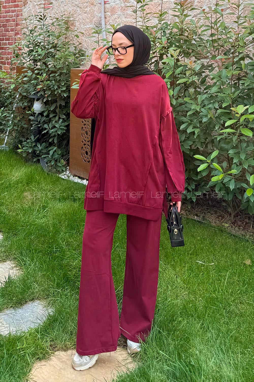 Lamelif Kol Detaylı İkili Takım Bordo