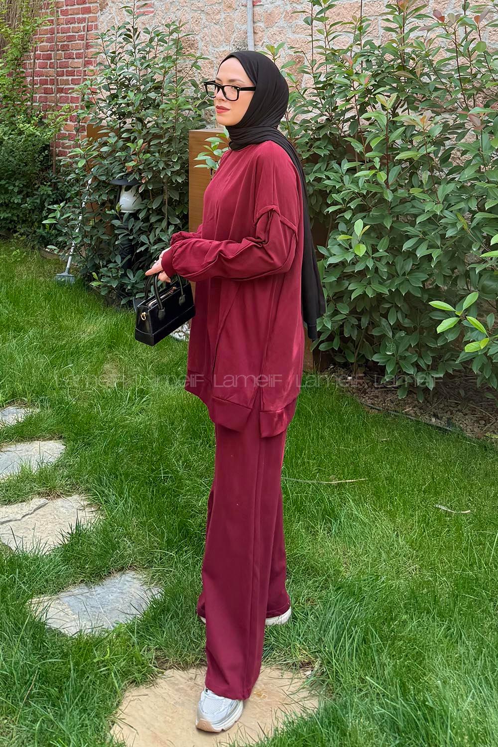 Lamelif Kol Detaylı İkili Takım Bordo