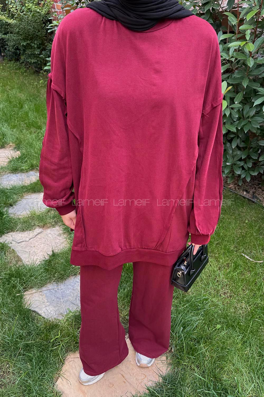 Lamelif Kol Detaylı İkili Takım Bordo