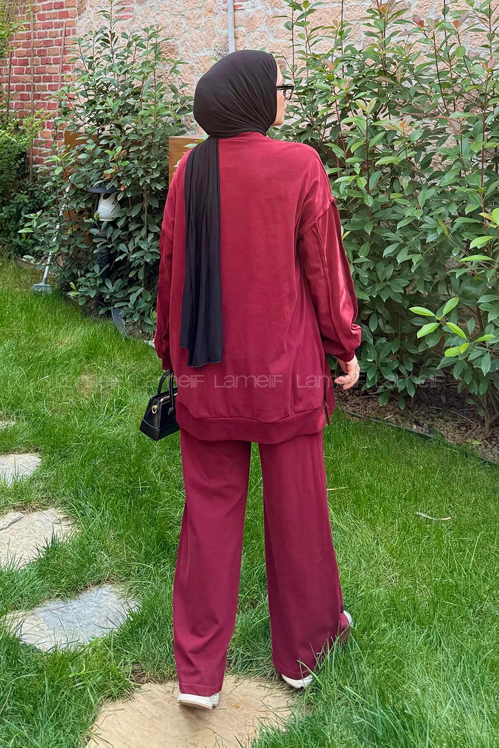 Lamelif Kol Detaylı İkili Takım Bordo