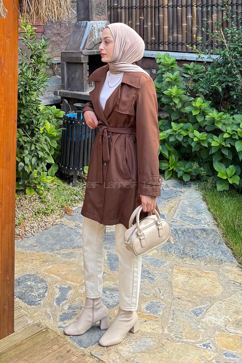Lamelif Kol Kemerli Kısa Trençkot Kahverengi