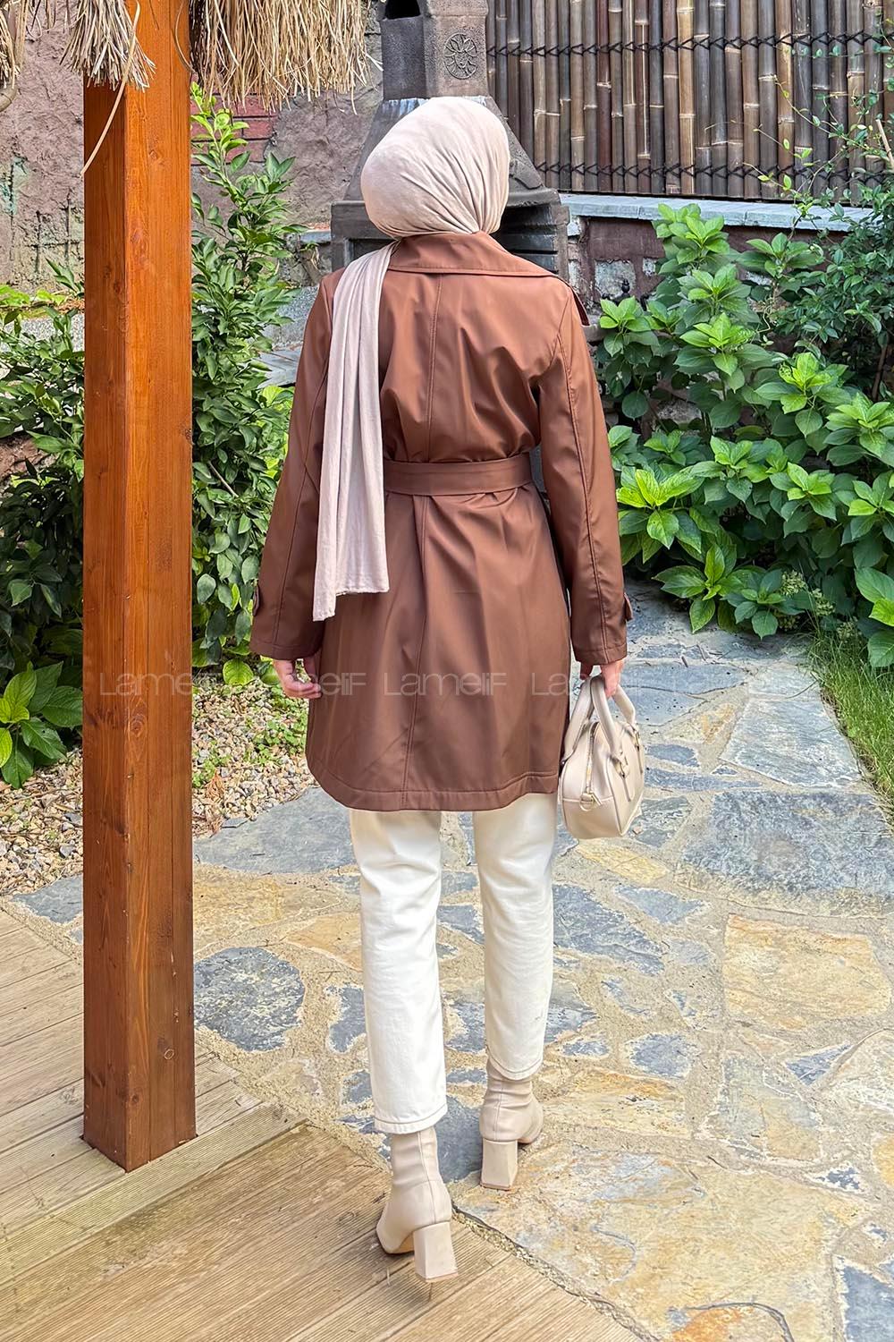 Lamelif Kol Kemerli Kısa Trençkot Kahverengi