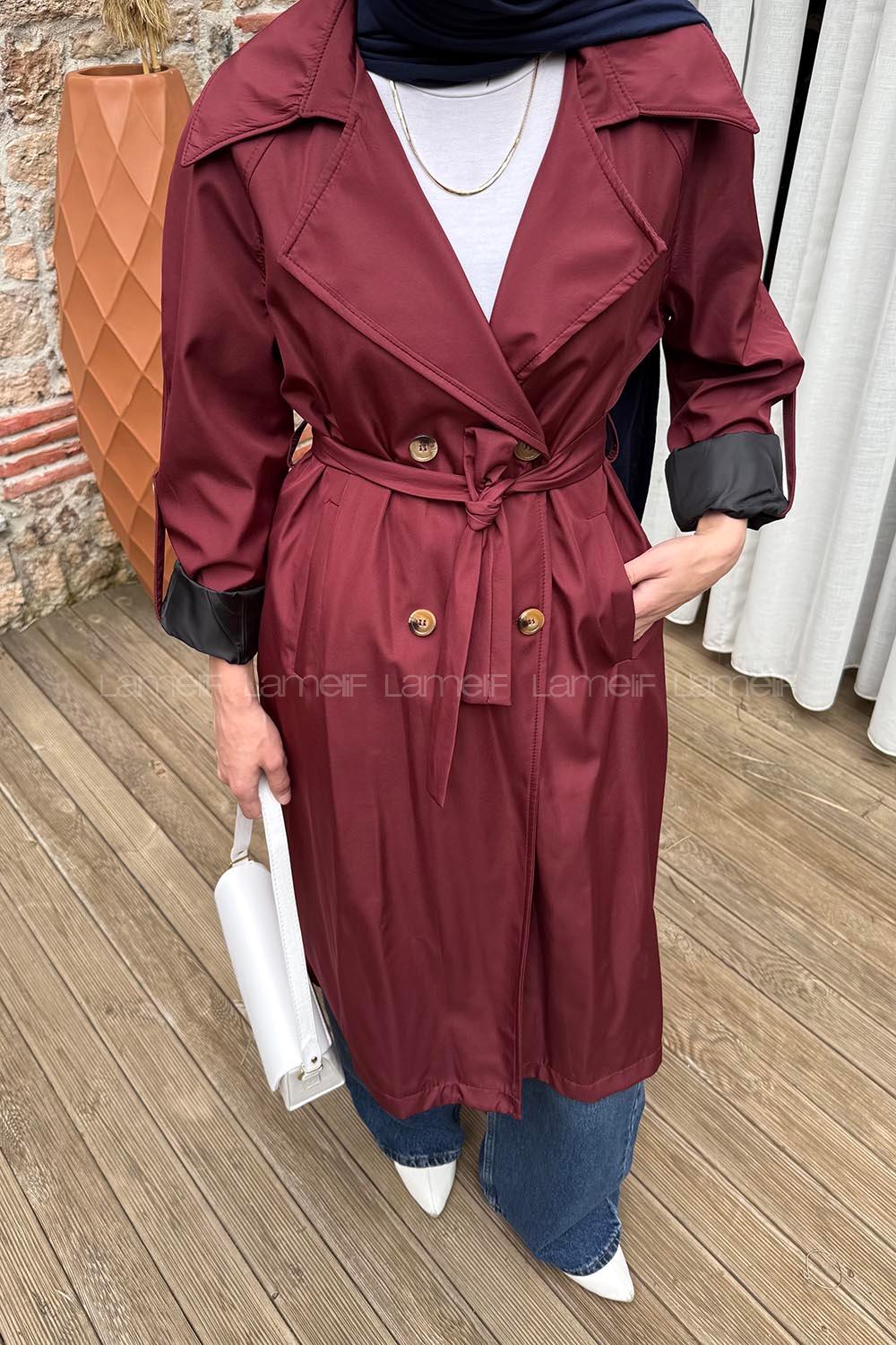 Lamelif Kolu Katlamalı Trenç Bordo