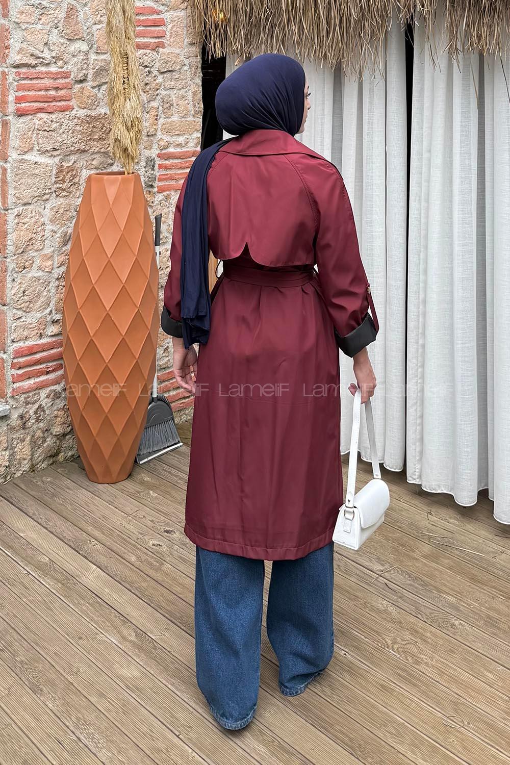 Lamelif Kolu Katlamalı Trenç Bordo