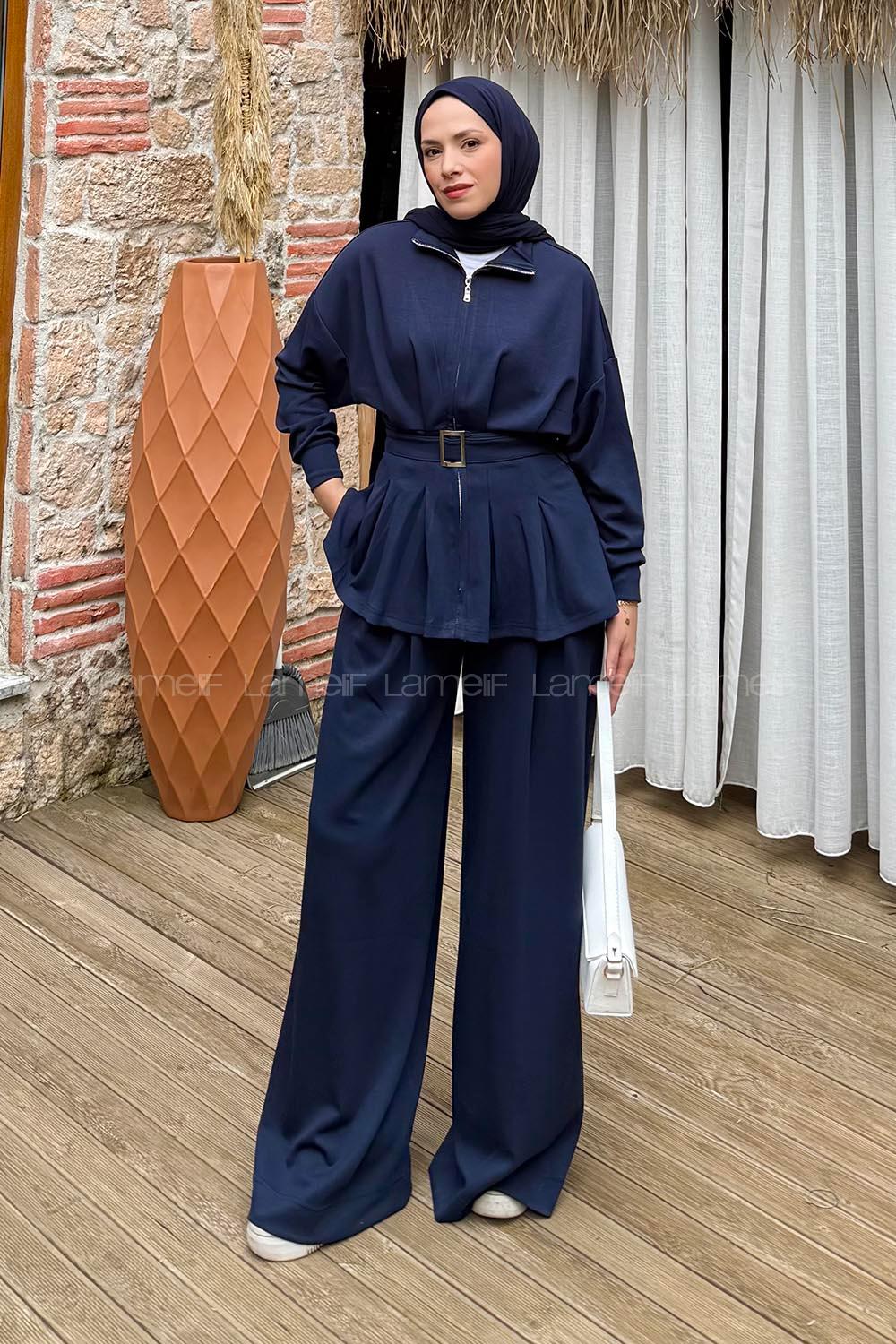 Lamelif Kup Detaylı Pantolonlu İkili Takım Lacivert