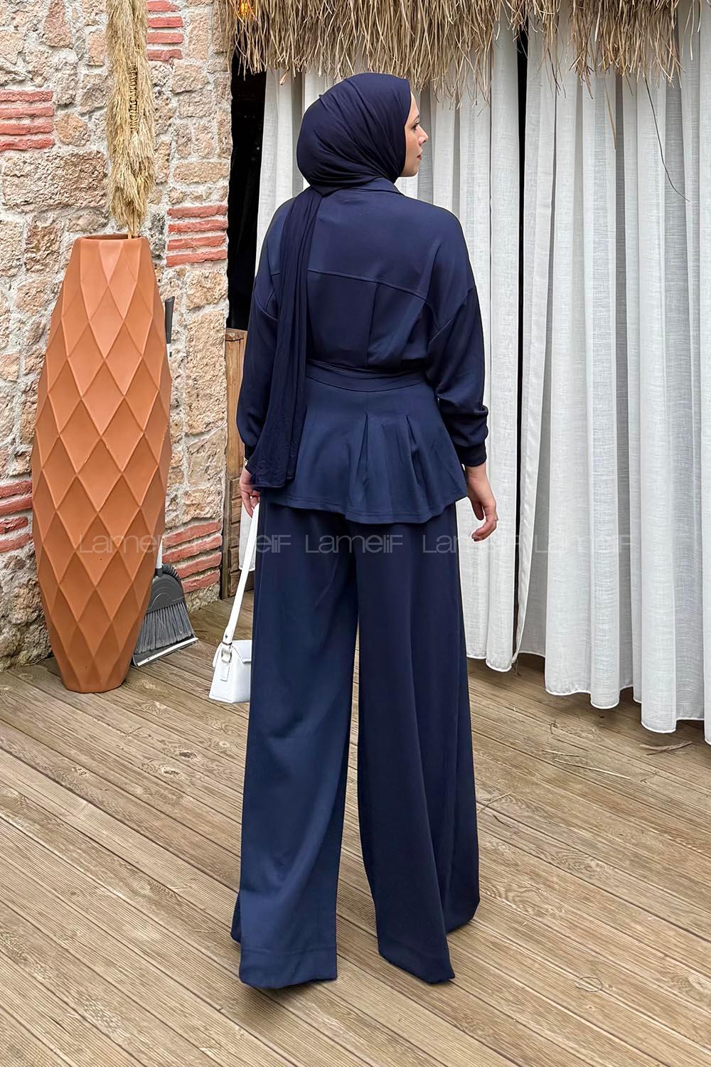 Lamelif Kup Detaylı Pantolonlu İkili Takım Lacivert